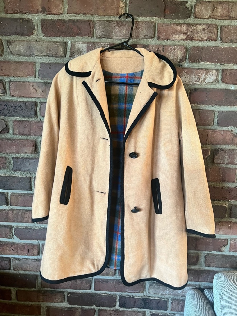 Vintage Betty Rose Wool Coat with Black Trim Plaid Lining